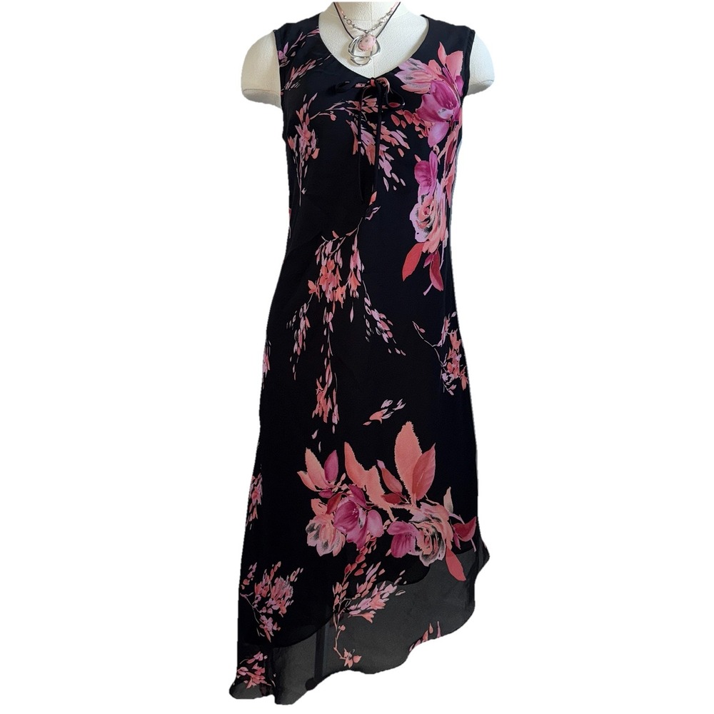 VTG CDC Dress 10 Pink Black Rose Floral Midi Fairycore Asymmetrical Grunge‎ Y2K